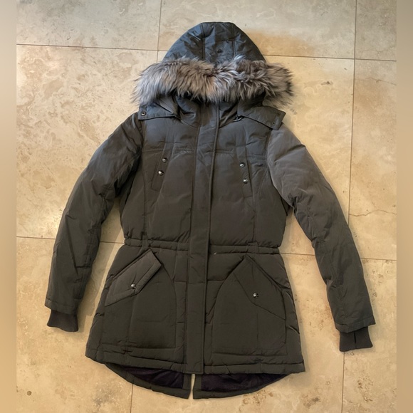 Sam Edelman ● Dark Grey Long Winter Jacket with Fur Lined Hood - Picture 1 of 5